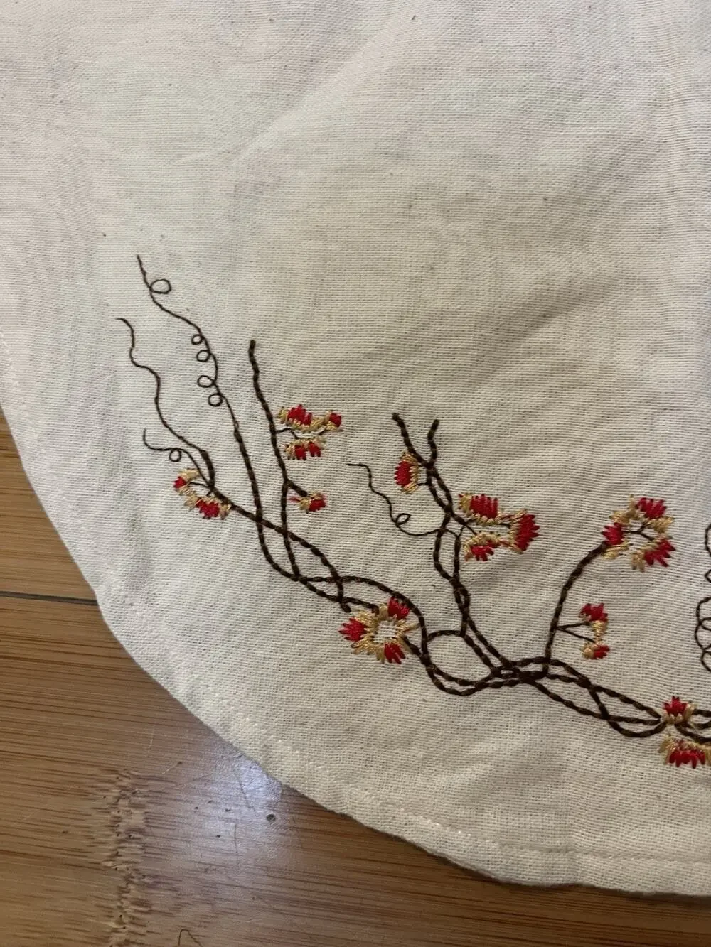 Vintage Handmade Organic Cotton Cottagecore Table Runner Floral Embroidered36x13